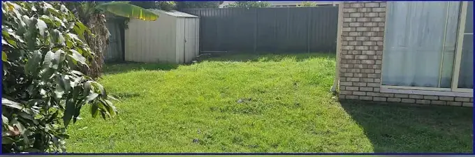 Patchy, overgrown backyard before scheduled lawn care in Redbank Plains