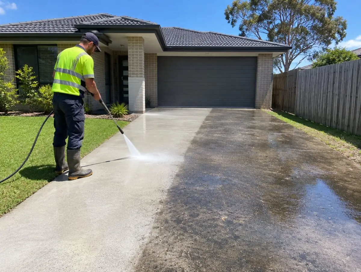 Pressure cleaning a concrete driveway in Ipswich, half cleaned to show the difference