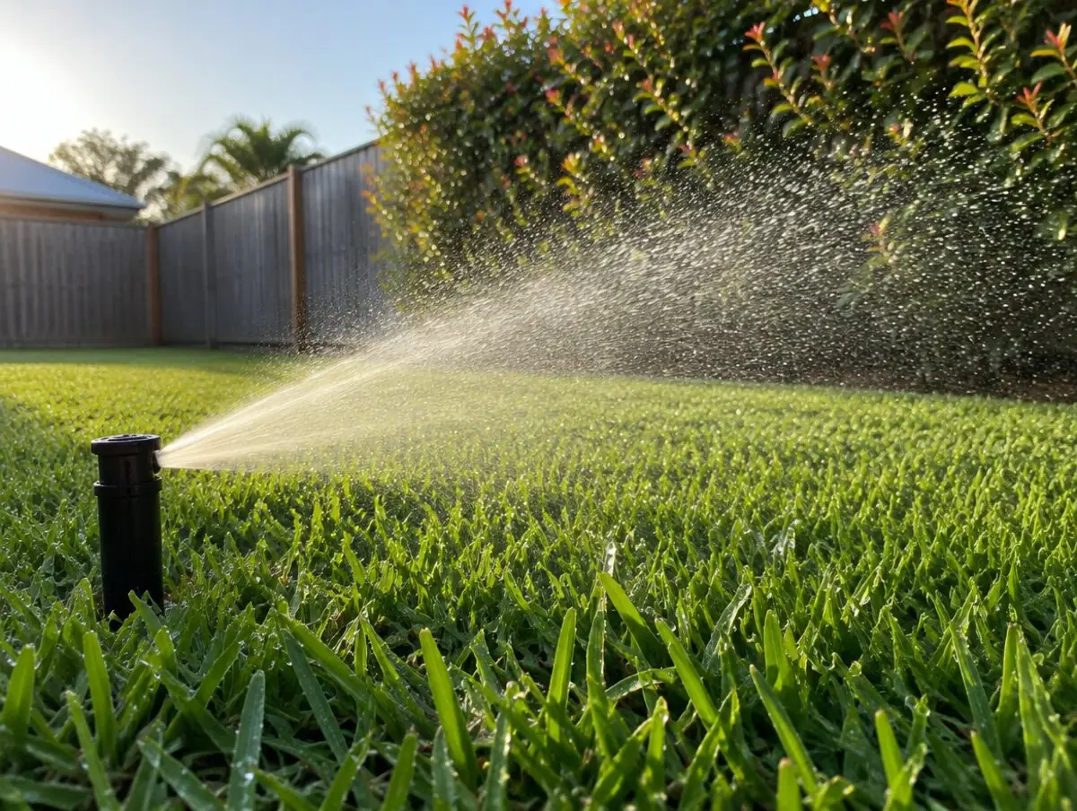 Pop-up sprinkler irrigation watering a green lawn in Ipswich